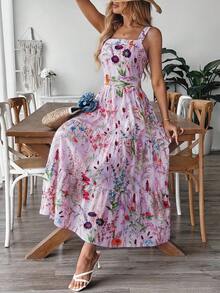 EMERY ROSE Women's Floral Print Waist-Cinched Dress With Bow Tie Back Design, Elegant For Vacation, Commute And Daily Wear - Purple - View 3