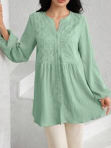 Graceveil Camisa de manga larga con cuello entallado, unicolor con textura y parches de encaje - Verde - Ver 4