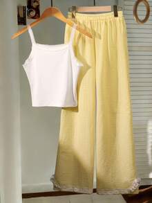 SHEIN Conjunto de 2 piezas de verano de lino amarillo para adolescentes: Camiseta sin mangas con adorno de encaje + Pantalones anchos de cintura alta, un conjunto casual y fresco, un imprescindible versátil y de moda - Multicolor - Ver 8
