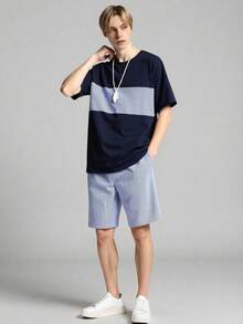 SHEIN 2件套青少年男童夏季撞色字母拼接圆领短袖T恤和户外休闲时尚3D字母运动短裤 - 藏蓝色 - 查看 8