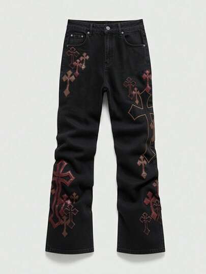 ROMWE MEN Grunge Punk Jeans de moda para hombres con bordado de cruz y bolsillo en diagonal