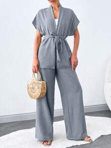 SHEIN Tall 女款夏季純色蝙蝠袖打結腰夾克與長褲休閒套裝，適合高個女性 - 淺灰色 - 查看 5