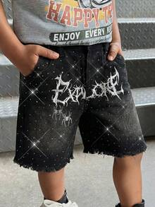 SHEIN 男童宽松黑色牛仔短裤，饰有闪亮水钻、树枝、字母和蜘蛛刺绣图案 - 黑色 - 查看 3