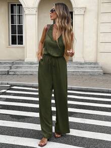 Serisse Jumpsuit Tanpa Lengan Warna Polos Kasual untuk Liburan Wanita - Hijau Tentara - View 7