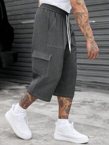 SLATEMANN Pantalones cortos cargo de estilo callejero estadounidense con pespuntes, cintura con cordón, sueltos de longitud 7/10 casual - Negro - Ver 6