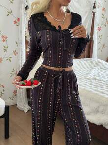 SHEIN Conjunto de pijama de mujer con encaje de estampado floral diminuto - Negro - Ver 5