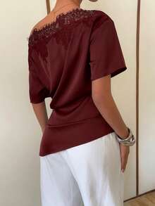 SHEIN PETITE CURVE Plus Size Summer Elegant Solid Color Contrast Lace Asymmetric Neck Cinched Waist Blouse - Burgundy - View 2