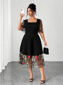 Elenzga Plus Size Women's Spring/Summer Mesh Patchwork Knit Fabric Square Collar Petal Sleeve A-Line Loose Casual Elegant Dress For Daily, Work, Vacation - Multicolor - View 3