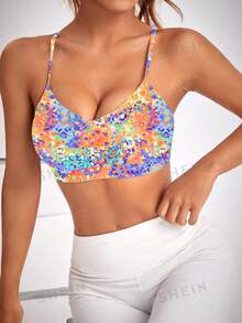 SHEIN Sovereign Charm 女士彩色印花交叉肩带运动文胸 - 彩色 - 查看 5