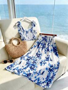 GlowEve Women's Printed Tie-Front Top And Mini Skirt 2 Pieces Set - Blue - View 2