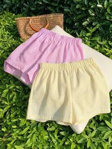 2pcs Celana Pendek Lurus Bergaris Tenun Gaya Jalanan Kasual untuk Anak Perempuan Remaja - MultiWarna - View 7