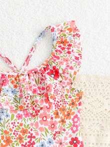 SHEIN 小女孩可爱多色碎花双层荷叶边连体泳衣，适合游泳、夏季、海滩度假 - 彩色 - 查看 4
