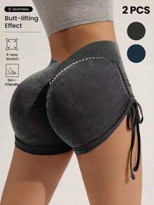 SHEIN Pantalones cortos deportivos sin costuras con estiramiento alto, levantamiento de glúteos y cordón lateral - Multicolor - Ver 3
