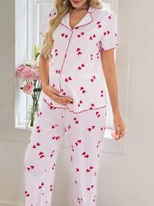 SHEIN 红白条纹爱心印花翻领开衫家居服套装，孕妇睡衣 - 彩色 - 查看 6