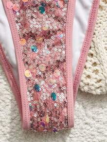 Bonvoyette Summer New Solid Color Champagne Sequin Embroidery Sexy High Cut Side Tie Bikini Two Pieces Swimwear Set, Suitable For Party, Afternoon Tea, Gathering - Multicolor - View 4