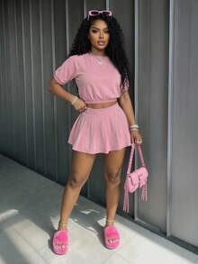 Slaydiva Women Two Pieces Set Light Pink Summer Casual School Back-To-School Y2k Clothes Loose-Fitting Round Neck Short-Sleeved T-Shirt+Pleated Skirt&Leggings - Pink - View 4