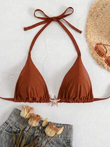 Swim Basics Plus Size Women's Solid Color Halter Bikini Top, Summer Gym - Brown - View 1