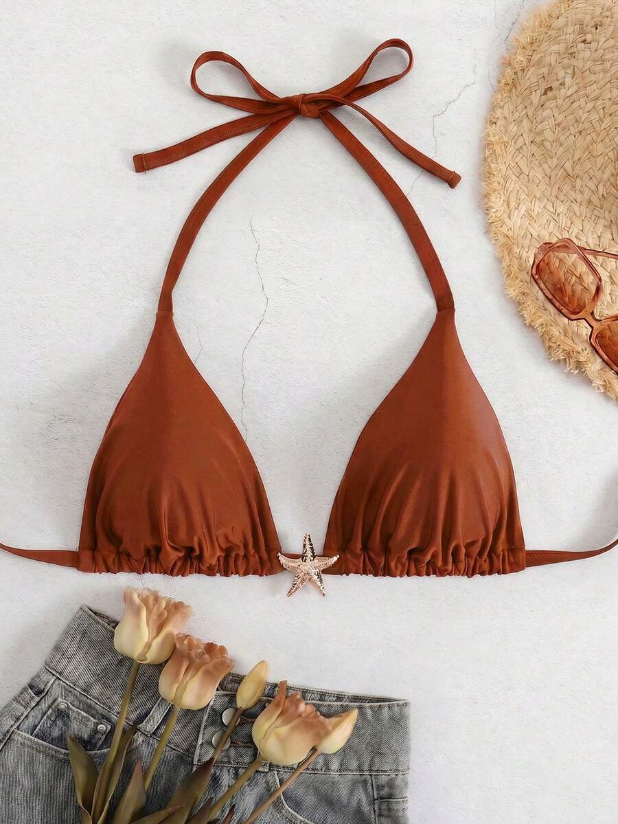Swim Basics Plus Size Women's Solid Color Halter Bikini Top, Summer Gym - Brown - View 1