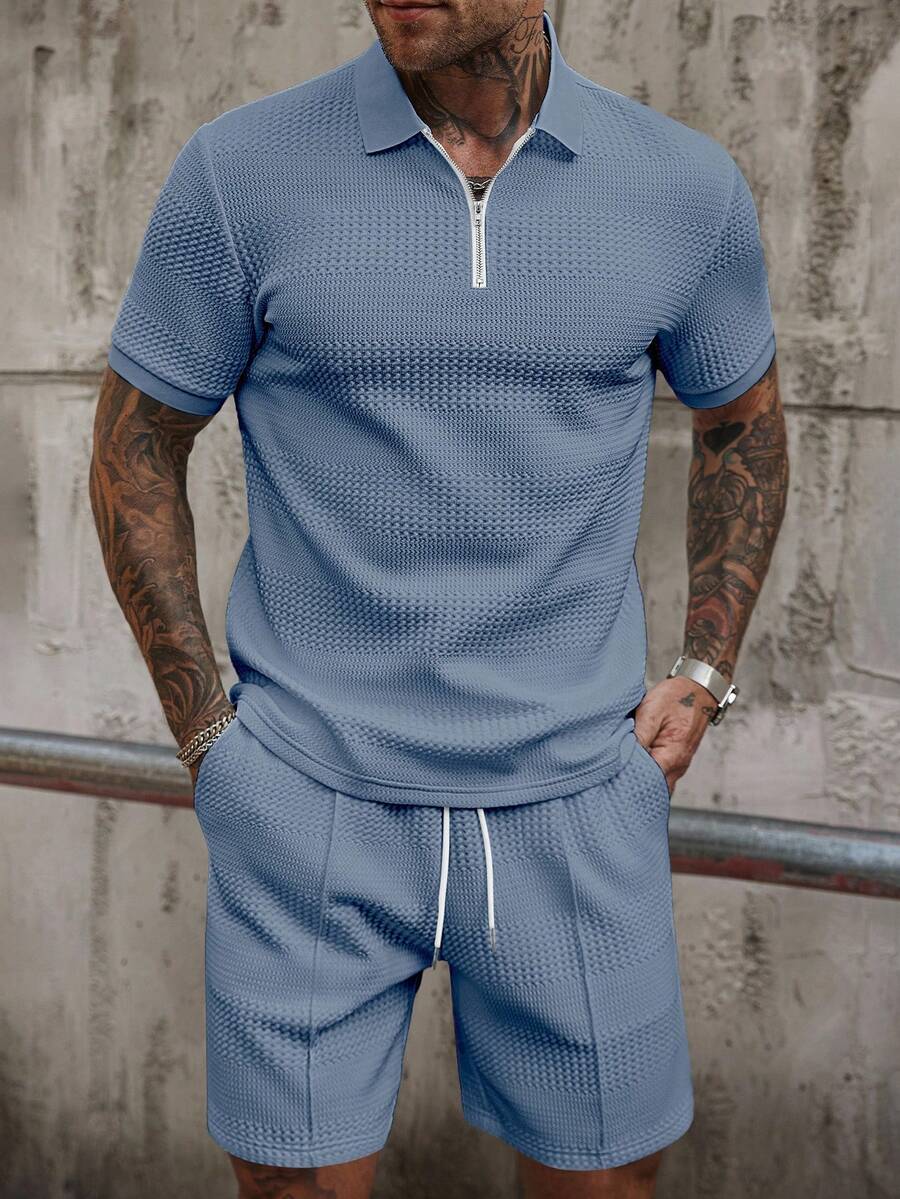 Manfinity Homme 男士拉链短袖polo衫和短裤休闲套装 - 霧霾藍 - 查看 1