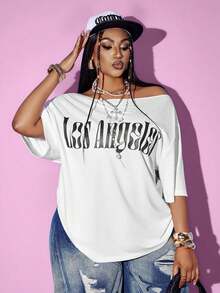 Maweii Plus Size Women's Rave Backless Ripped Letter Print Oblique Shoulder White T-Shirt, Casual For None, Back-To-School Daily Wear Date Night Summer - White - View 4
