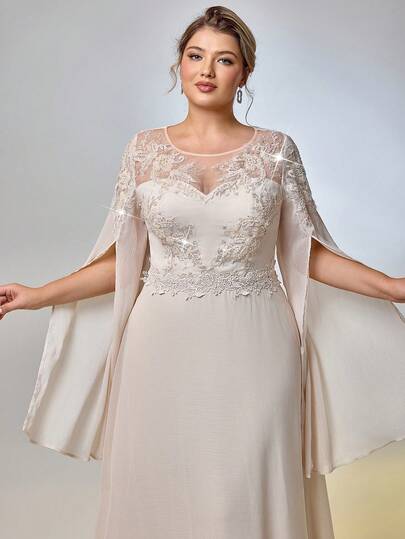 Serin Falda de sirena elegante y lujosa de talla grande con parches de flores de perlas y lentejuelas transparentes con apliques 3D, adecuada para bodas, fiestas, vacaciones, novia, madre de la novia, vestido de noche, vestido de invitada