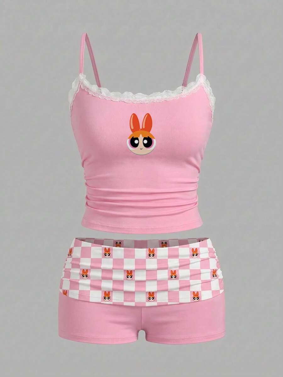 Sweetina THE POWERPUFF GIRLS X SHEIN 两件套蕾丝边褶皱吊带背心和印花短裤套装,适合夏季穿着 - 彩色 - 查看 1