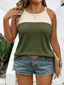 EMERY ROSE Nueva llegada Camiseta de tirantes con cuello halter de color contrastante y versátil para mujer de talla grande - Multicolor - Ver 1