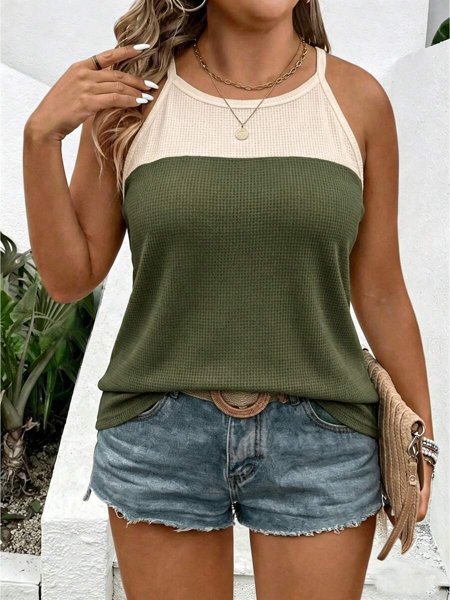 EMERY ROSE Nueva llegada Camiseta de tirantes con cuello halter de color contrastante y versátil para mujer de talla grande - Multicolor - Ver 1