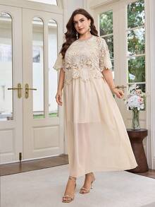 Modelyn Plus Size Women 2-Piece Set, Water-Soluble Lace Blouse Paired With Chiffon A-Line Skirt, Brown Color, Summer Elegant Fashionable Wedding Outfit - Apricot - View 7