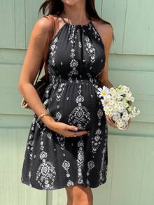 SHEIN Maternity Summer Vacation Casual Printed Sleeveless Dress - Black - View 5