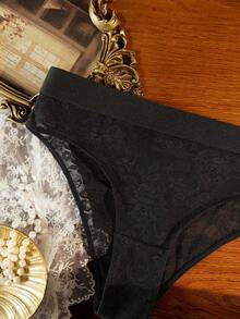 1pc Lace Patchwork Back Strap Women's Thong Panty - Black - View 9