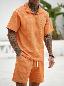 Manfinity CasualCool 男士纯色短袖 Polo 衫和短裤套装 - 橘色 - 查看 3