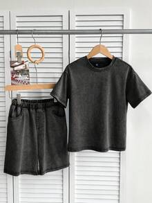SHEIN 男童纯色圆领短袖上衣和牛仔短裤休闲套装 - 黑色 - 查看 4