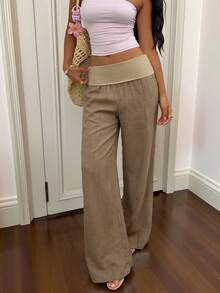 SHEIN EZwear 女士休闲宽松纯色裤 - 卡其色 - 查看 6