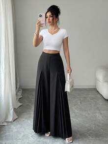 Elenzga Quần ống rộng xếp ly thắt eo, quần công sở thanh lịch, lãng mạn, tối giản dành cho nữ. - màu đen - Xem 6