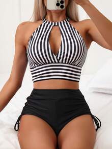Swim Basics Striped Bikini Swimsuit With Side Drawstring Opening - Multicolor - View 3