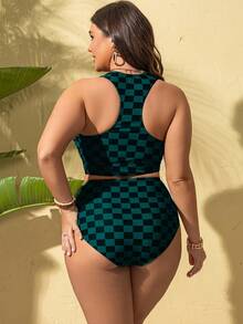 Swim Lushoire Bộ đồ bơi hai mảnh có đệm mút, họa tiết kẻ caro, cỡ lớn dành cho nữ. - màu xanh lá - Xem 2