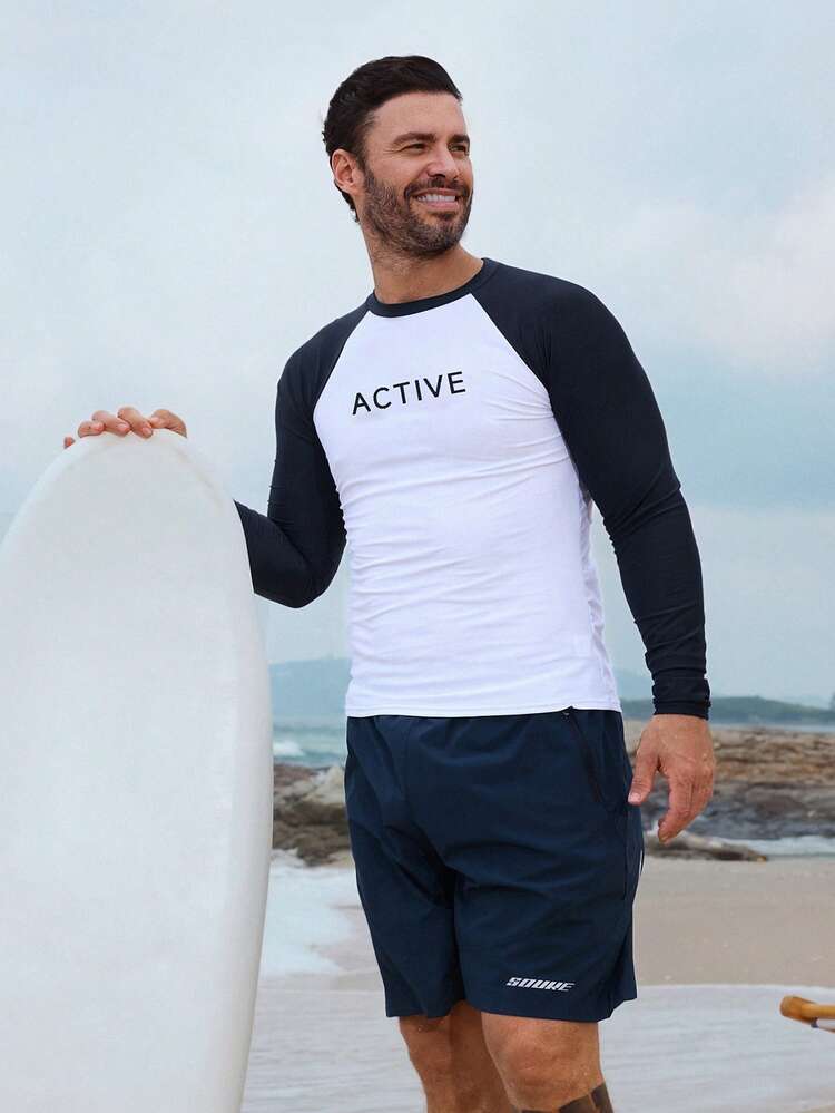 Color Block Letter Print Slim Fit Men's Rash Guard Vacation Summer
