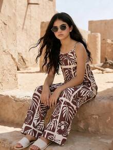 SHEIN Tween Girl All-Over Print Backless Casual Vacation Jumpsuit - Brown - View 1