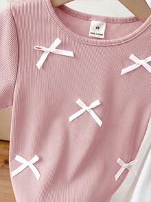 SHEIN LMoss Kids 2pcs/Set Young Girl Solid Color Round Neck Fitted Casual T-Shirts - Multicolor - View 5