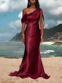 Opulessa Woven Solid Color Maxi Backless Dress For Women - Burgundy - View 5