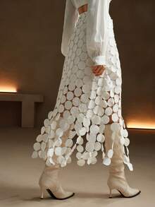 Anewsta Laser Cut Multi Circle Double Layered Skirt - White - View 5