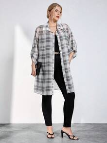 Chikora 大码女式格子袖口单排扣休闲衬衫 - 彩色 - 查看 6