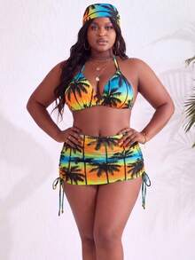 Slaydiva Conjunto de traje de baño de 3 piezas con estampado aleatorio y escote halter, talla grande, 4 piezas - Multicolor - Ver 5