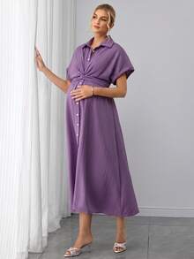 SHEIN Zanzea Maternity Purple Summer Casual Elegant Maternity Dress For Women, Solid Color Twist Ruched Pleated Photoshoot Dresses For Vacation - Mauve Purple - View 3