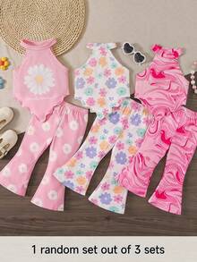 Cozy Pixies 1 Bộ ngẫu nhiên gồm 3 bộ quần áo mùa hè dễ thương cho bé gái, bao gồm áo quây dệt kim họa tiết hoa nhí và quần ống loe. - Hồng - Xem 1