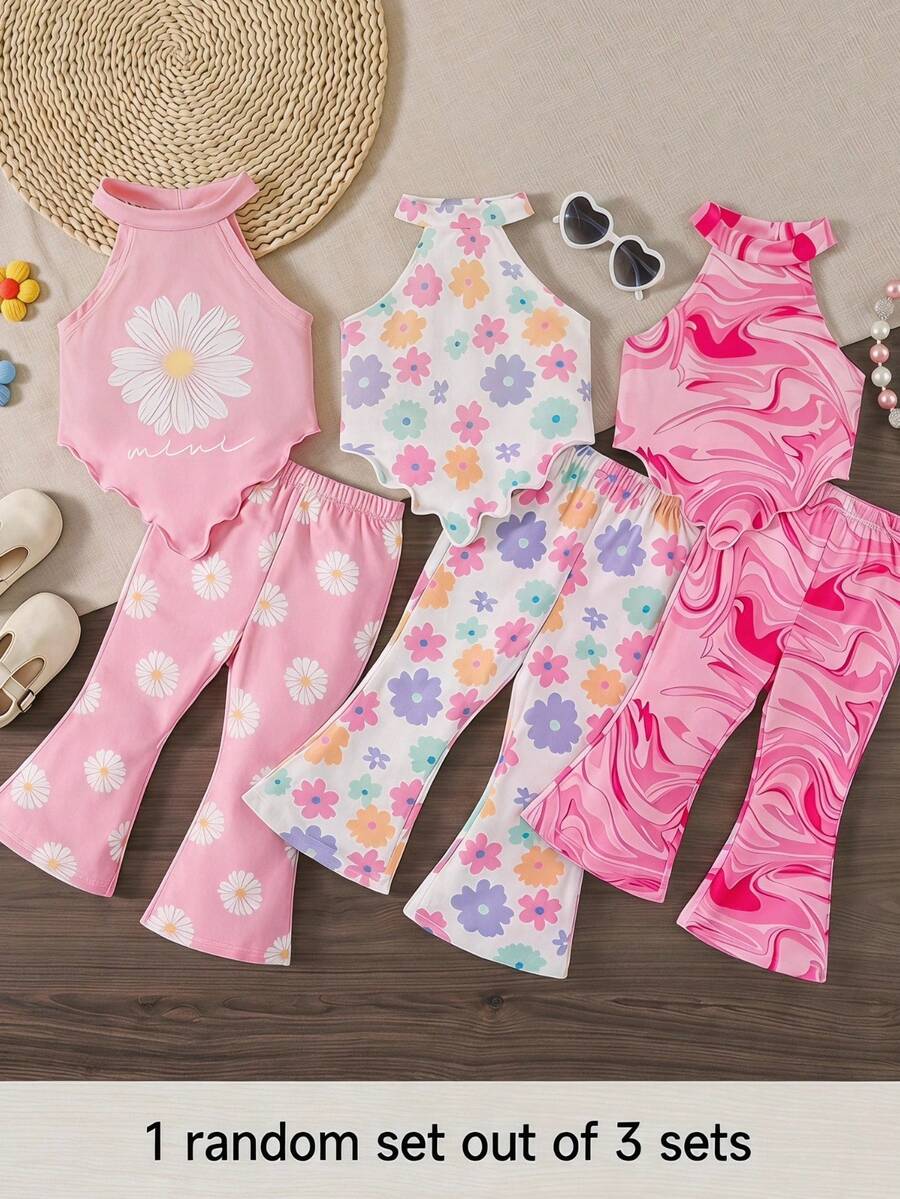 Cozy Pixies 1 Bộ ngẫu nhiên gồm 3 bộ quần áo mùa hè dễ thương cho bé gái, bao gồm áo quây dệt kim họa tiết hoa nhí và quần ống loe. - Hồng - Xem 1