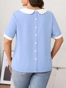 SHEIN LUNE 女士多功能修身撞色彼得潘领袖口拼接后背纽扣装饰短袖衬衫 - 淺藍色 - 查看 2