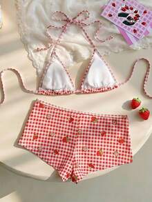 Strawberry Shortcake X SHEIN Women's Summer Beach Plaid Print Halter Bikini Set - Red - View 2