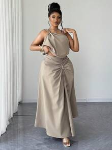 Maweii Große Größen Set aus asymmetrisch geschnittener Bluse und Rock in Unifarbe, elegantes Design, romantisch und modisch - Khaki - Übersicht 1
